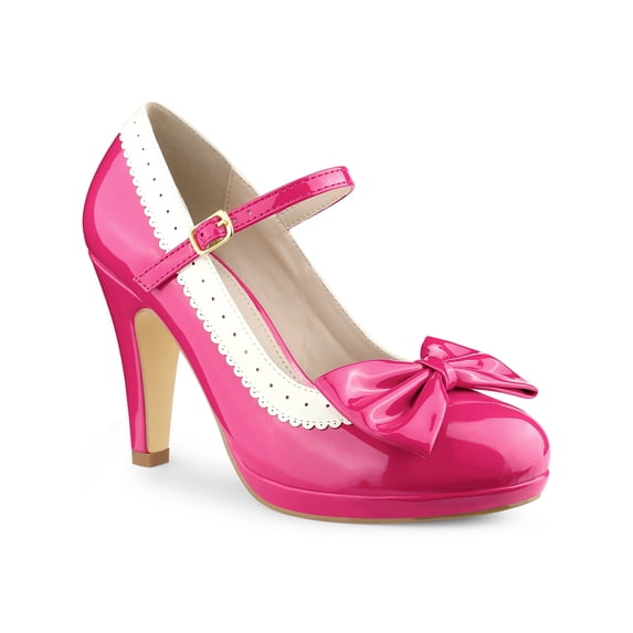 BLISSFUL STEP Women's Mary Jane Pumps Ankle Strap Bow Decor Closed Toe Stiletto Heels Hot Pink 9.5