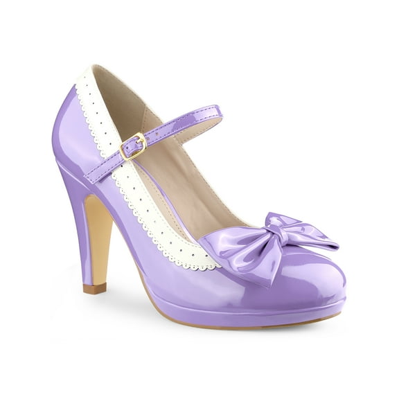 BLISSFUL STEP Women's Mary Jane Pumps Ankle Strap Bow Decor Closed Toe Stiletto Heels Purple 8.5