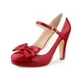 thumbnail image 1 of BLISSFUL STEP Women's Mary Jane Pumps Ankle Strap Bow Decor Closed Toe Stiletto Heels Red 8.5, 1 of 6