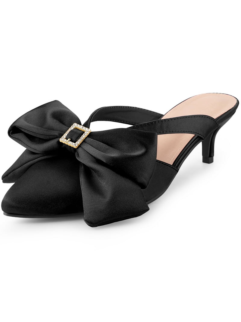 BLISSFUL STEP Bow Rhinestones Kitten Heels Satin Slide Mules for