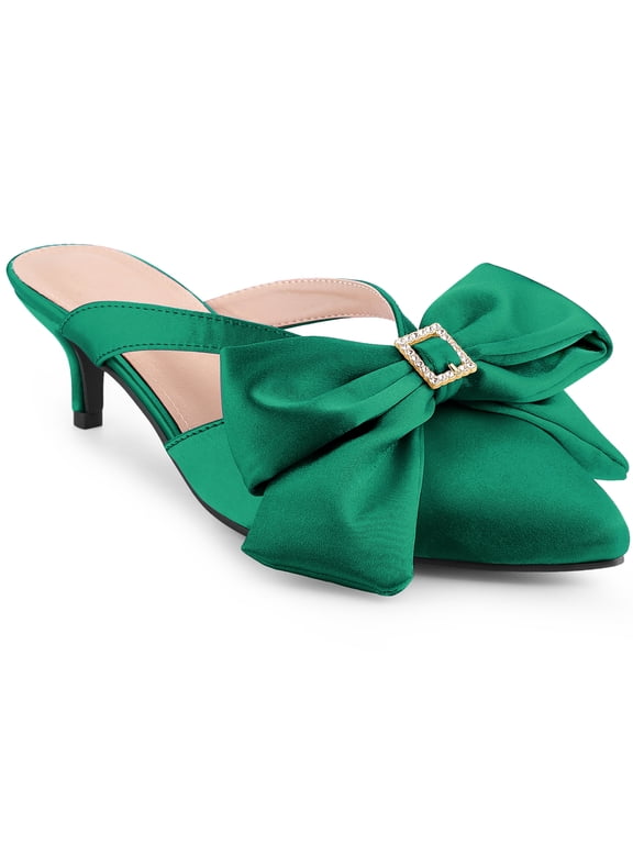 Women's Shoes Satin Bow Rhinestone Mules Pointed Toe Kitten Heel Slip-On Shoes Dark Green 9