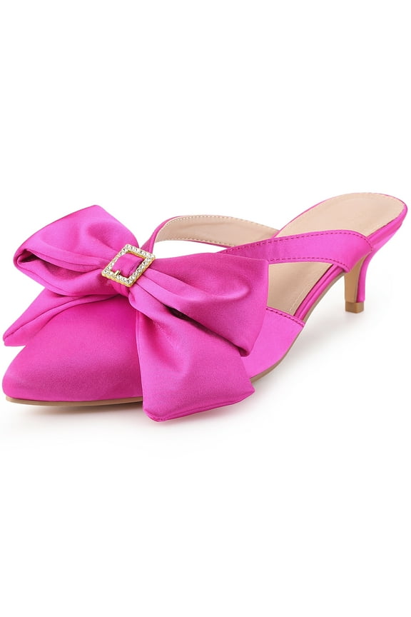 Bow Rhinestones Kitten Heels Satin Slide Mules for Women Hot Pink (Size 6)