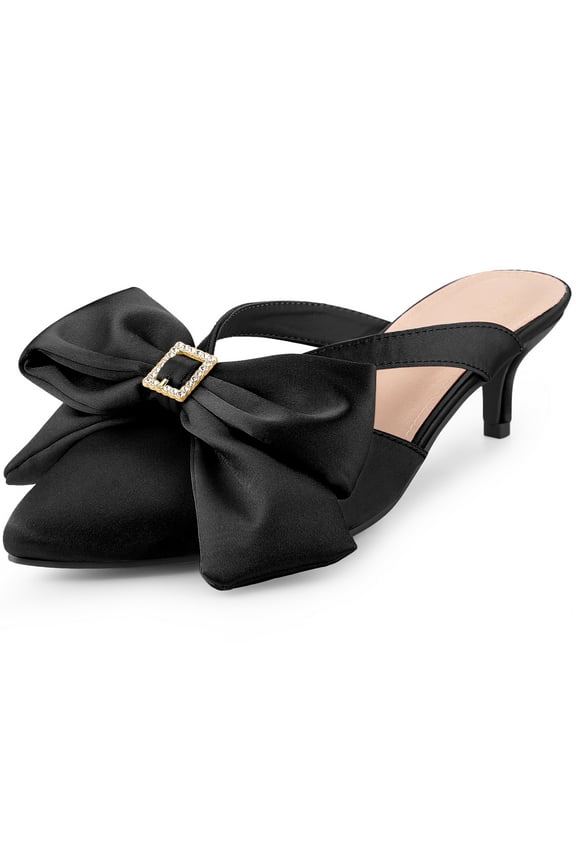 Women's Shoes Satin Bow Rhinestone Mules Pointed Toe Kitten Heel Slip-On Shoes  Black 9