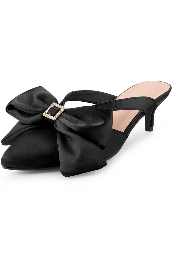 Women's Shoes Satin Bow Rhinestone Mules Pointed Toe Kitten Heel Slip-On Shoes Black 6