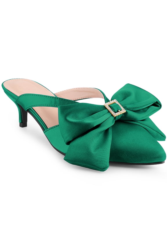 Women's Shoes Satin Bow Rhinestone Mules Pointed Toe Kitten Heel Slip-On Shoes Dark Green 8