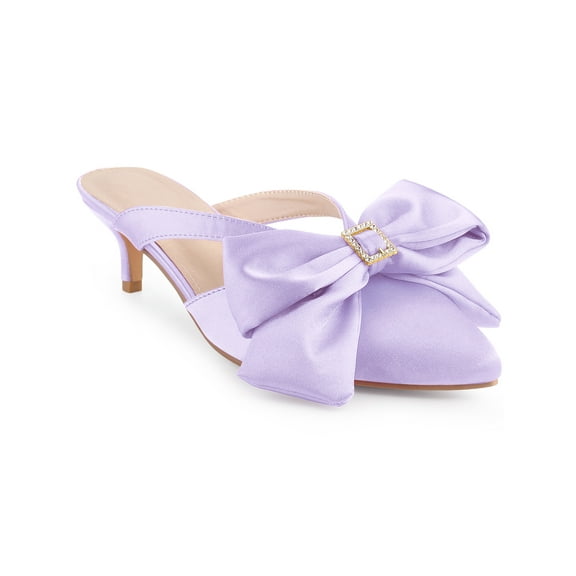 BLISSFUL STEP Bow Rhinestones Kitten Heels Satin Slide Mules for Women Purple (Size 7)