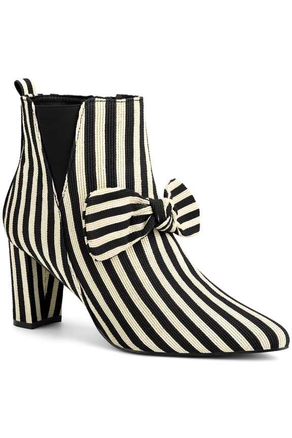BLISSFUL STEP Women's Ankle Boots Pointed Toe Chunky Heel Side Zipper Stripe Bow Boots Black 6