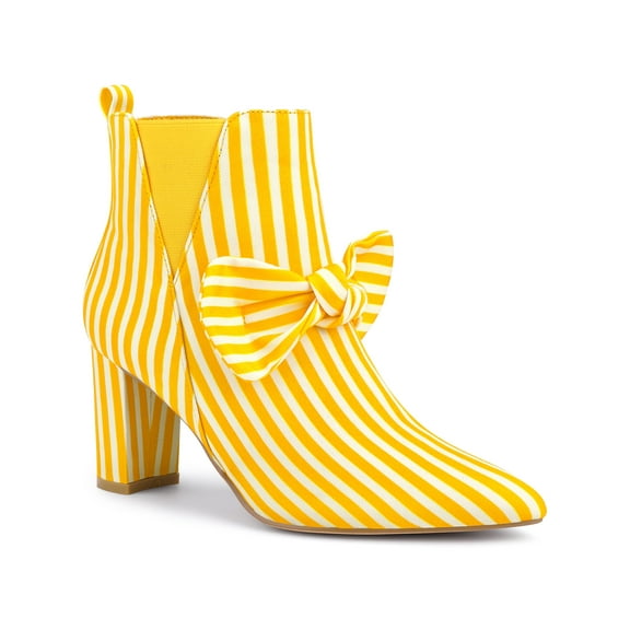 BLISSFUL STEP Women's Ankle Boots Pointed Toe Chunky Heel Side Zipper Stripe Bow Boots Yellow 7