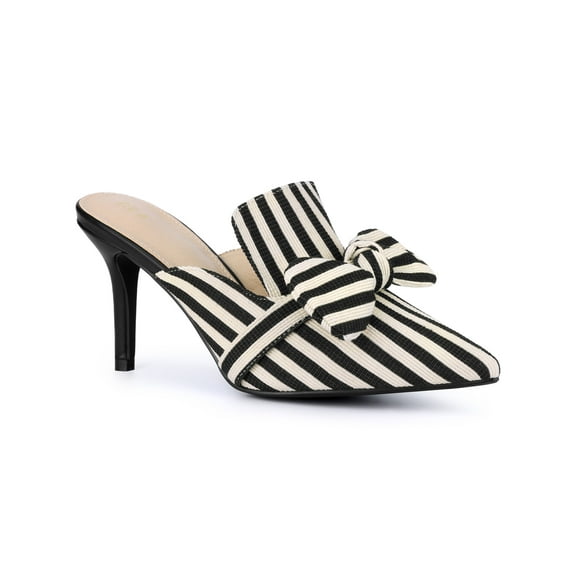 BLISSFUL STEP Bow Stripe Pointed Toe Stiletto Heel Mules for Women Black 10