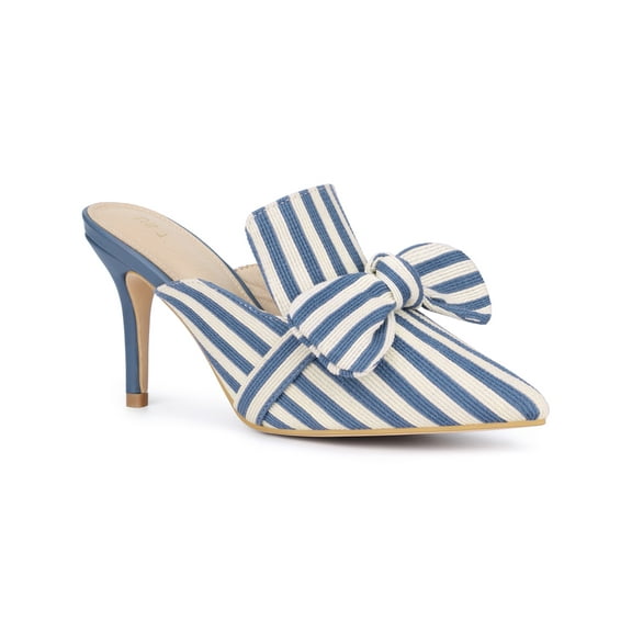 BLISSFUL STEP Bow Stripe Pointed Toe Stiletto Heel Mules for Women Light Blue 8