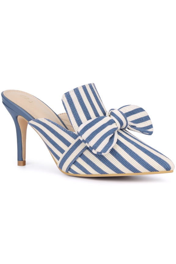 BLISSFUL STEP Bow Stripe Pointed Toe Stiletto Heel Mules for Women Light Blue 8