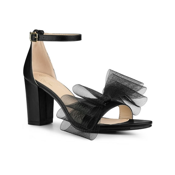 BLISSFUL STEP Women's Strappy Bow Tie Block High Ankle Heel Sandals Black 8.5