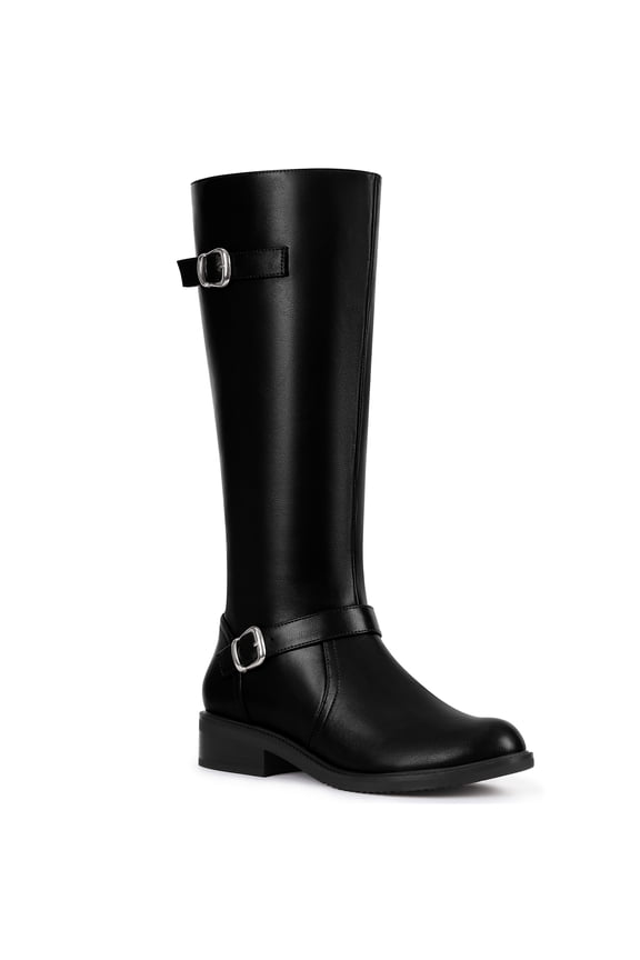 Women's Boots Faux Leather Knee High Riding Buckle Side Zipper Chunky Low Heel Boots Black 7