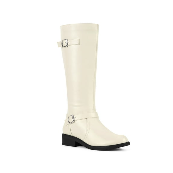 BLISSFUL STEP Women's Boots Faux Leather Knee High Riding Buckle Side Zipper Chunky Low Heel Boots Cream 6