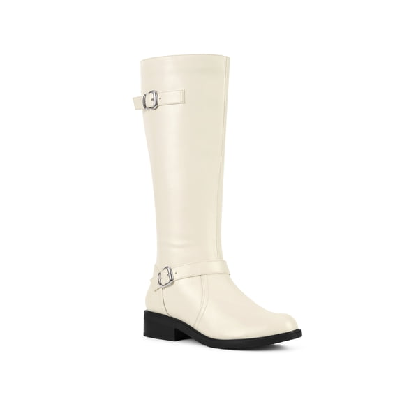 BLISSFUL STEP Women's Boots Faux Leather Knee High Riding Buckle Side Zipper Chunky Low Heel Boots Cream 7