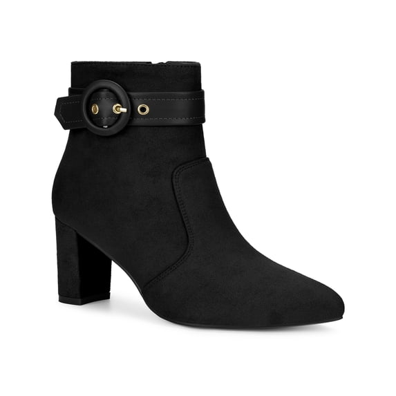 BLISSFUL STEP Women's Ankle Boots Chunky Heel Pointed Toe Buckle Strap Zipper Faux Suede Black 9