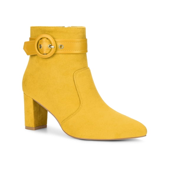 BLISSFUL STEP Women's Ankle Boots Chunky Heel Pointed Toe Buckle Strap Zipper Faux Suede Yellow 10