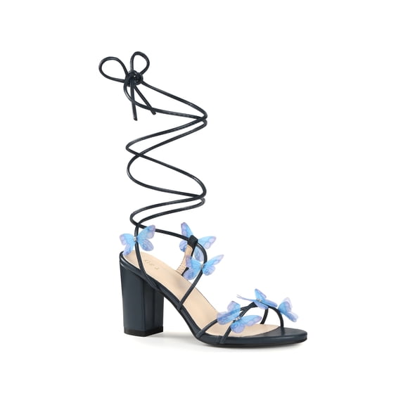 BLISSFUL STEP Butterfly Rhinestone Lace Up Block Heel Sandals for Women Deep Blue (Size 8.5)