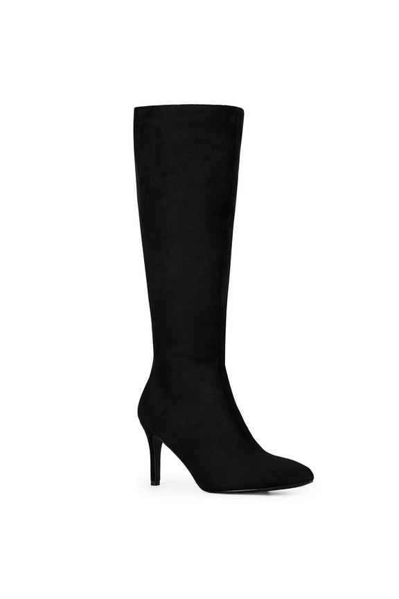 Women's Boots Faux Suede Knee High Stiletto Heel Pointed Toe Back Zipper Boots Black 6