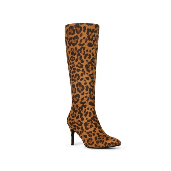 BLISSFUL STEP Women's Boots Faux Suede Knee High Stiletto Heel Pointed Toe Back Zipper Boots Leopard 6