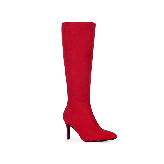 BLISSFUL STEP Women's Boots Faux Suede Knee High Stiletto Heel Pointed Toe Back Zipper Boots Red 9