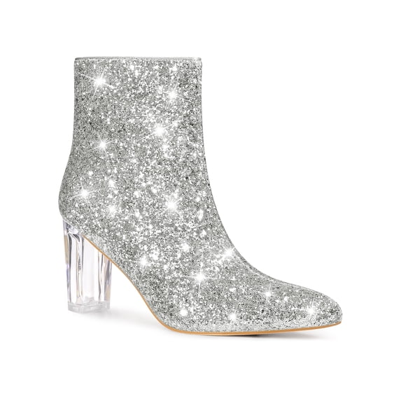 BLISSFUL STEP Women's Ankle Boots Clear Block Heel Sparkly Glitter Pointed Toe Boots Silver 5.5