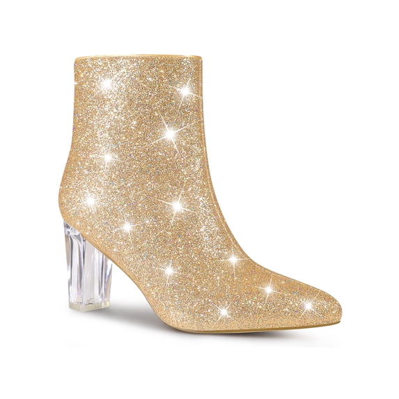 BLISSFUL STEP Women's Ankle Boots Clear Block Heel Sparkly Glitter Pointed Toe Boots Gold 9