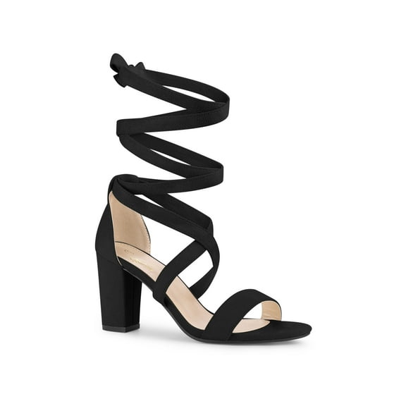BLISSFUL STEP Crisscross Lace Up Mid Block Heels Sandals for Women Black 6.5
