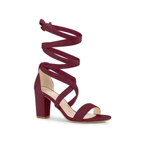 BLISSFUL STEP Crisscross Lace Up Mid Block Heels Sandals for Women Burgundy 8