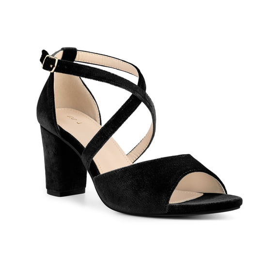 BLISSFUL STEP Women's Shoes Faux Velvet Chunky Heel Open Toe Crisscross Strap Buckle Sandals Black 10