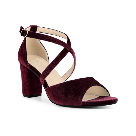 BLISSFUL STEP Women's Shoes Faux Velvet Chunky Heel Open Toe Crisscross Strap Buckle Sandals Burgundy 8.5