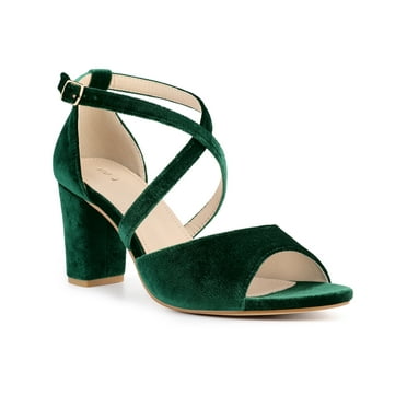 Perphy Crisscross Strap Faux Velvet Open Toe Block Heel Sandals for Women Emerald Green (Size 6)