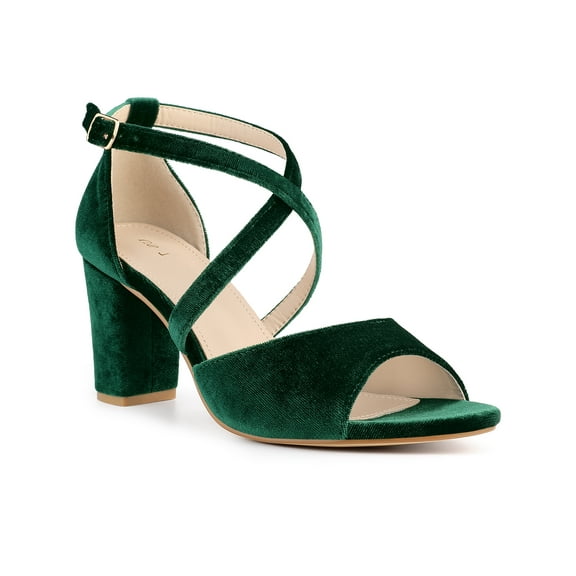 BLISSFUL STEP Women's Shoes Faux Velvet Chunky Heel Open Toe Crisscross Strap Buckle Sandals Emerald Green 9