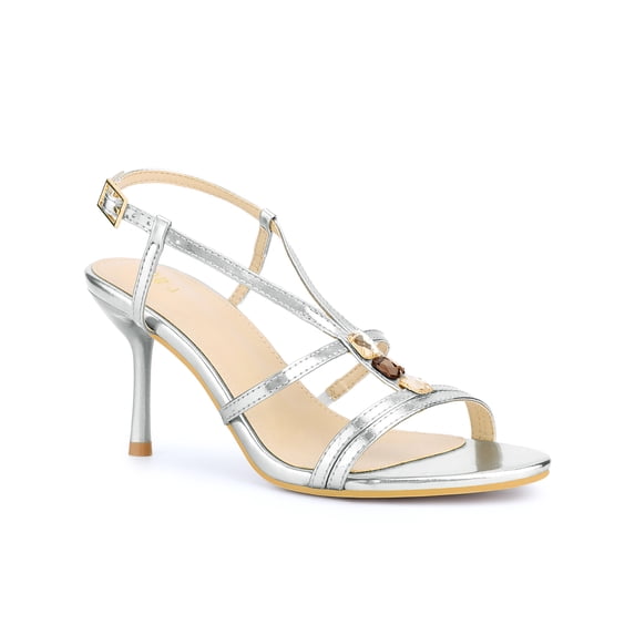BLISSFUL STEP Crystal Open Toe Stiletto High Heel Sandals for Women Silver (Size 7)