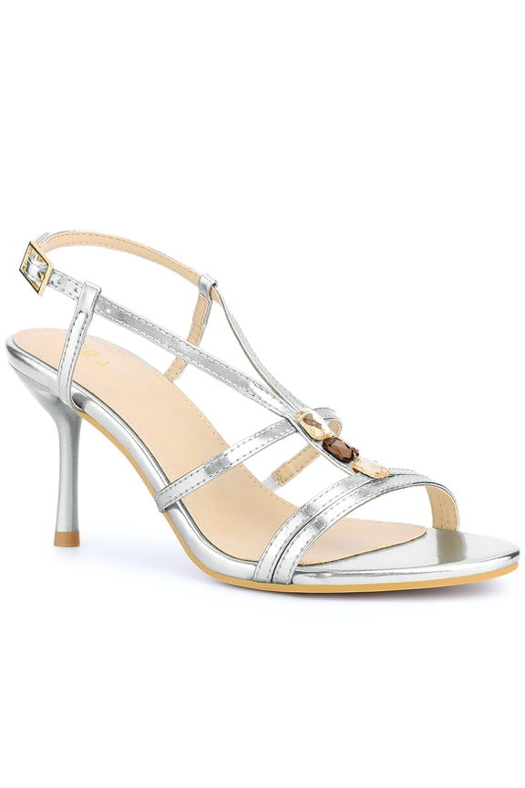 Crystal Open Toe Stiletto High Heel Sandals for Women Silver (Size 7)