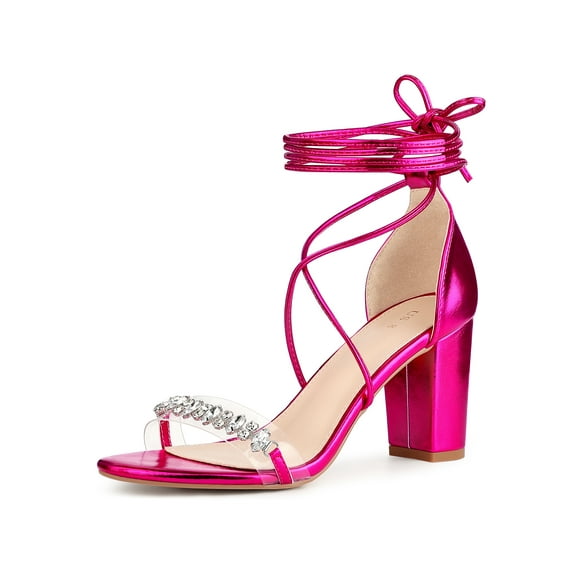 BLISSFUL STEP Crystal Rhinestones Strap Lace Up Block Heel Sandals for Women Hot Pink (Size 9)