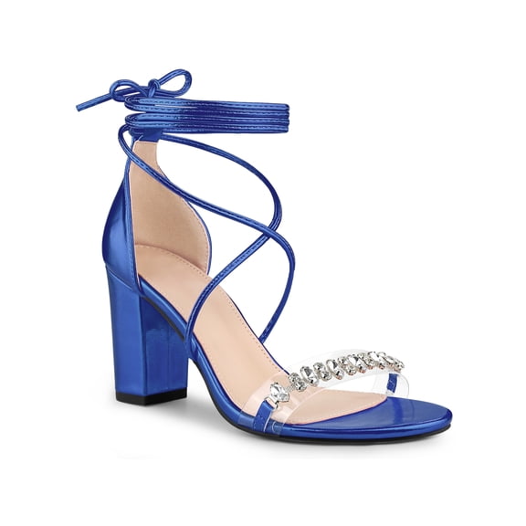 BLISSFUL STEP Crystal Rhinestones Strap Lace Up Chunky Heel Sandals for Women Blue (Size 11)