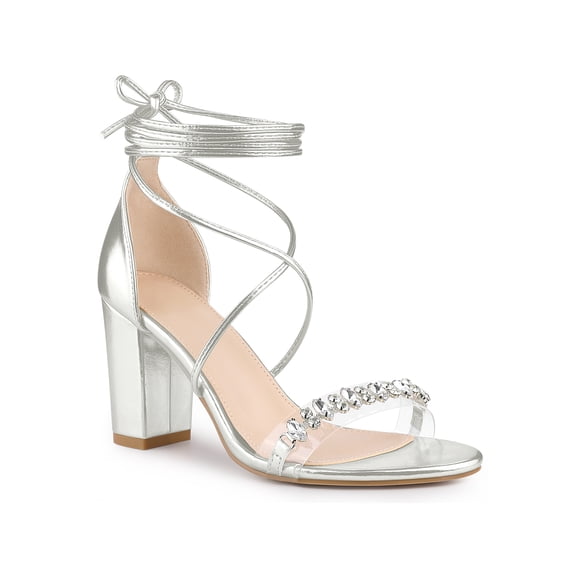 BLISSFUL STEP Crystal Rhinestones Strap Lace Up Chunky Heel Sandals for Women Silver (Size 10)