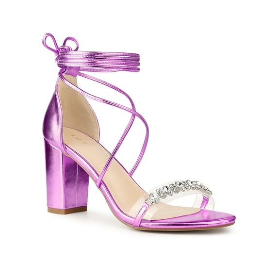 BLISSFUL STEP Crystal Rhinestones Strap Lace Up Chunky Heel Sandals for Women Taro Purple (Size 6)