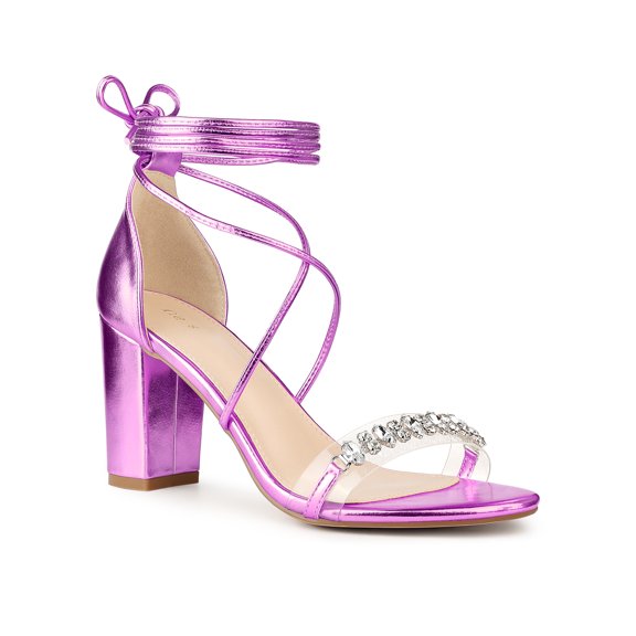 BLISSFUL STEP Crystal Rhinestones Strap Lace Up Chunky Heel Sandals for Women Taro Purple (Size 9)