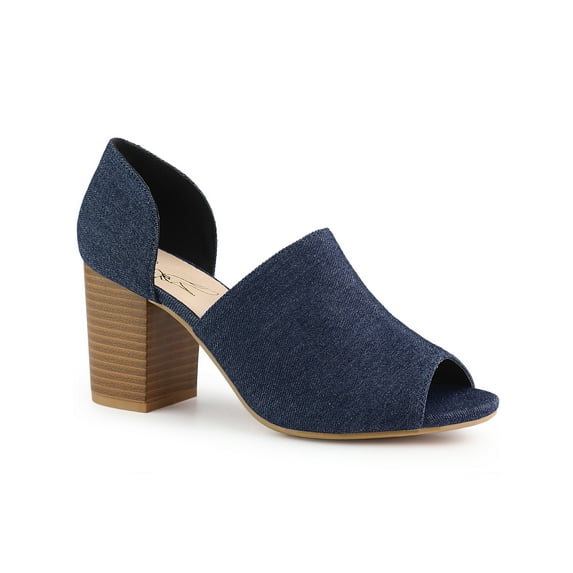 BLISSFUL STEP Denim Open Toe Chunky Heel Slide Sandals