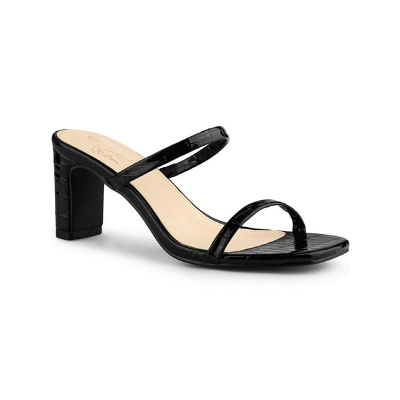 BLISSFUL STEP Square Toe Dual Strap Block Heel Slide Sandals for Women Black 7.5