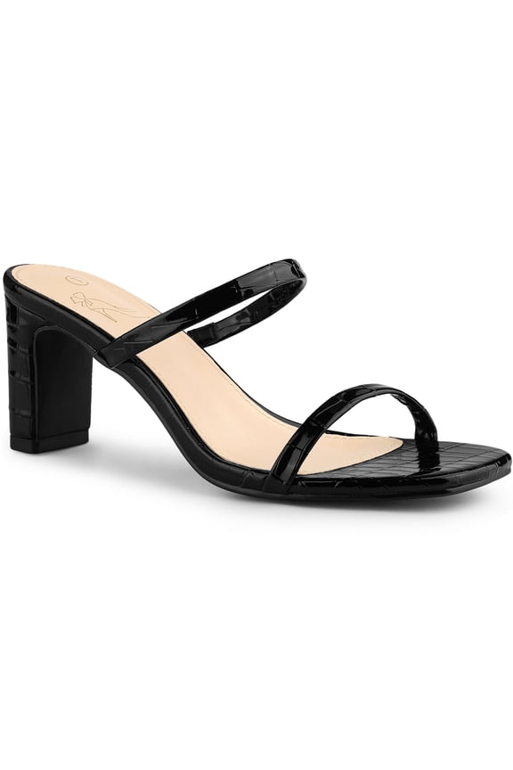 Square Toe Dual Strap Block Heel Slide Sandals for Women Black 7.5