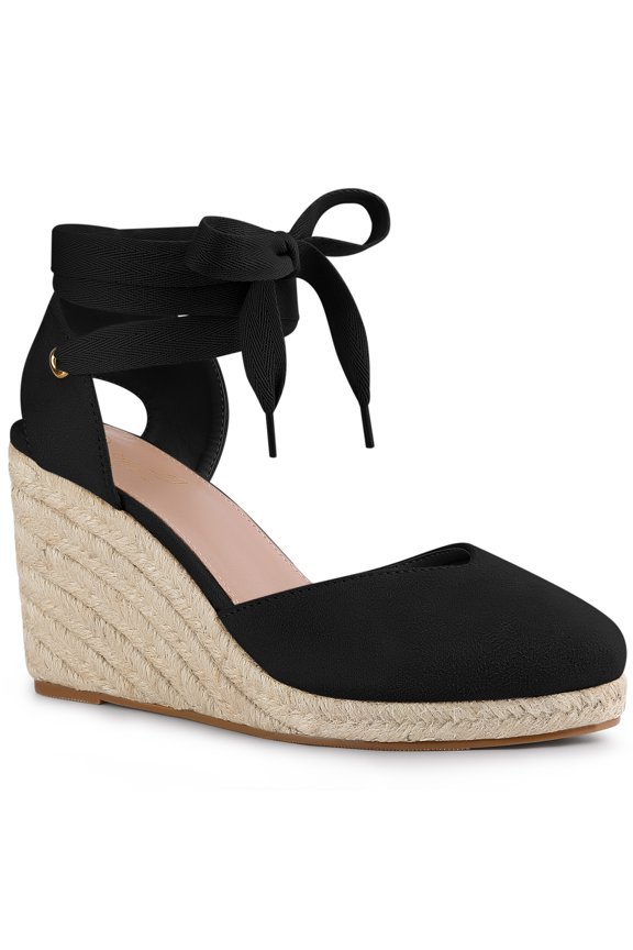 Women's Sandals Lace-Up Espadrille Wedge Closed Toe Platform Heels Black 7.5