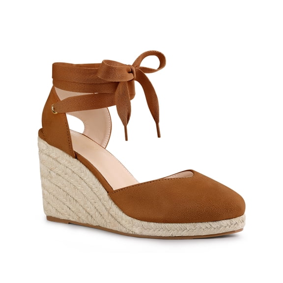 BLISSFUL STEP Women's Espadrille Lace Up Platform Wedge Heels Sandals Brown 8.5