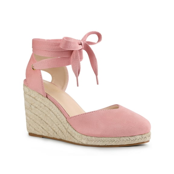 BLISSFUL STEP Women's Espadrille Lace Up Platform Wedge Heels Sandals Pink 8.5