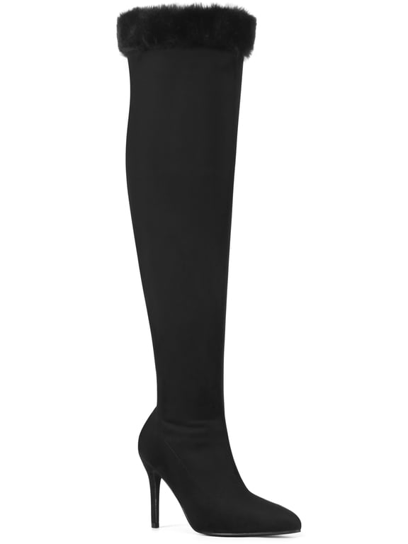 Women's Boots Thigh High Faux Suede Faux Fur Stiletto Heels Boots Black 10