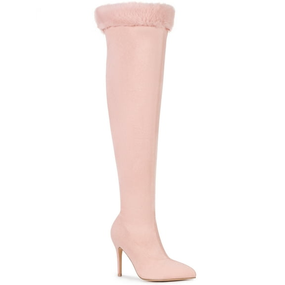 BLISSFUL STEP Women's Boots Thigh High Faux Suede Faux Fur Stiletto Heels Boots Pink 11