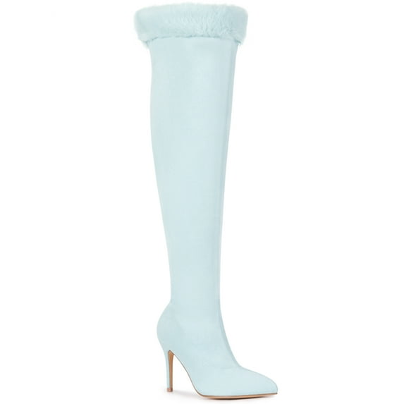 BLISSFUL STEP Women's Boots Thigh High Faux Suede Faux Fur Stiletto Heels Boots Sky Blue 11