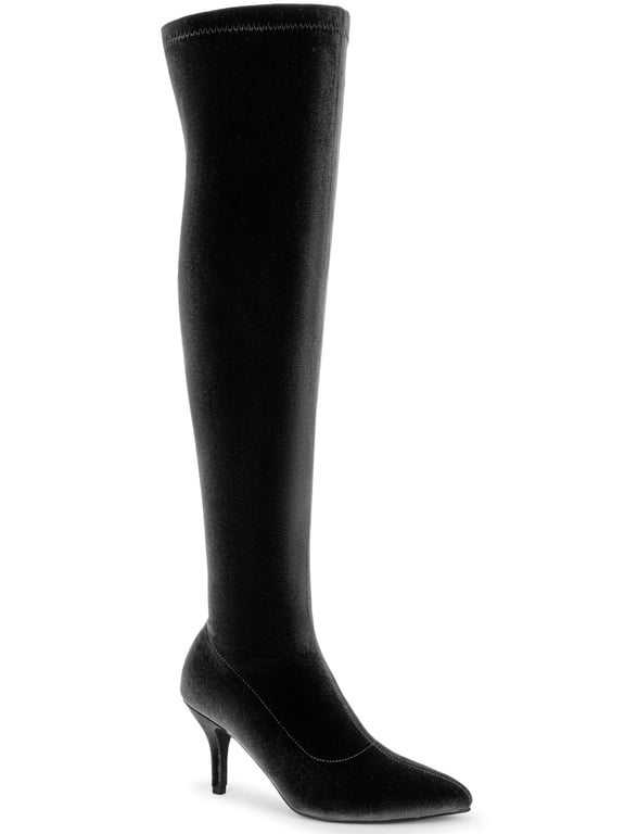 Faux Velvet Pointed Toe Stiletto Heels Over the Knee High Boots for Women Black 10